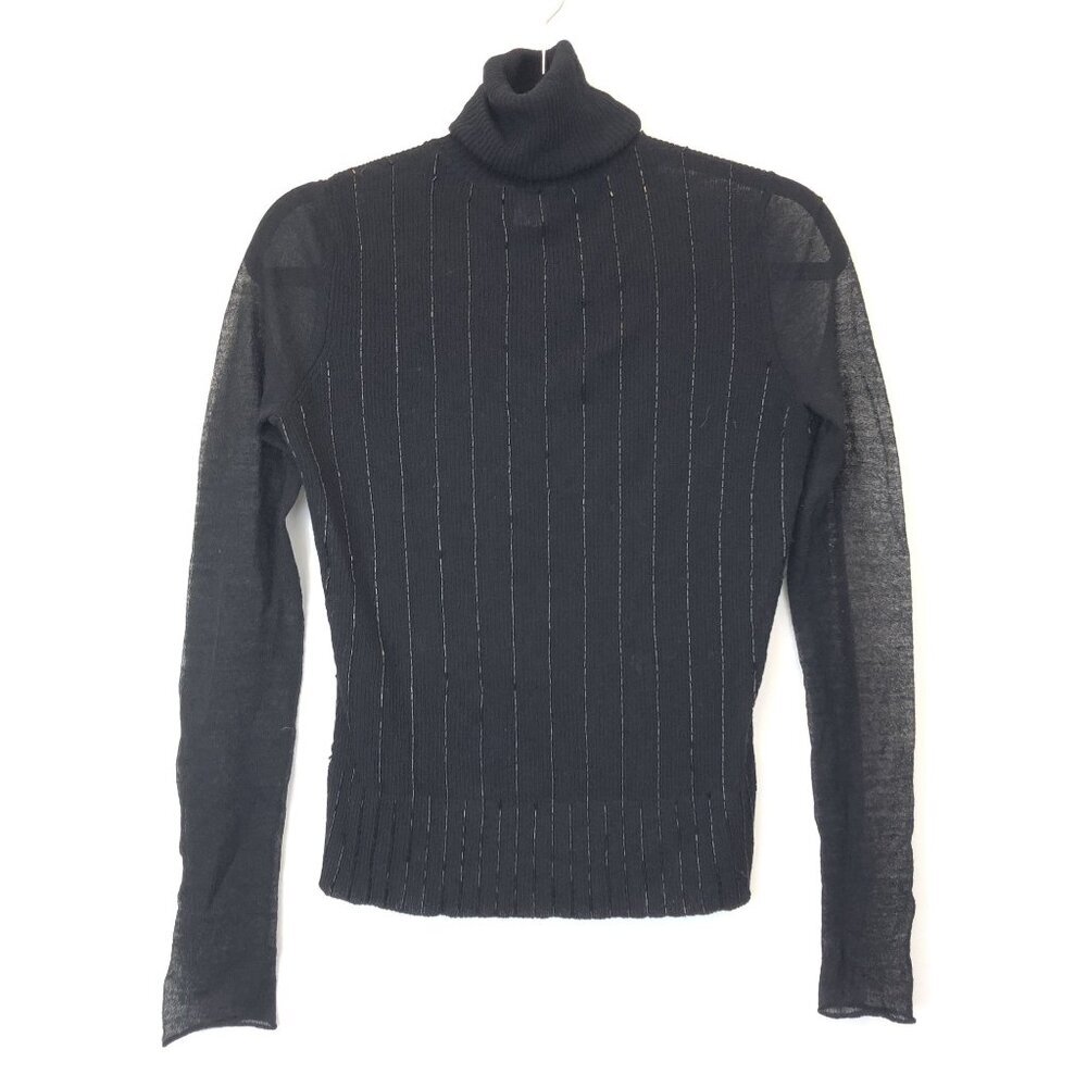 Magaschoni Black Ribbed Turtleneck Sweater Beaded Stripes Semi-Sheer Size S